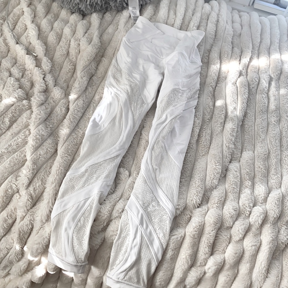 Limited edition white lulu leggings with mesh detailing